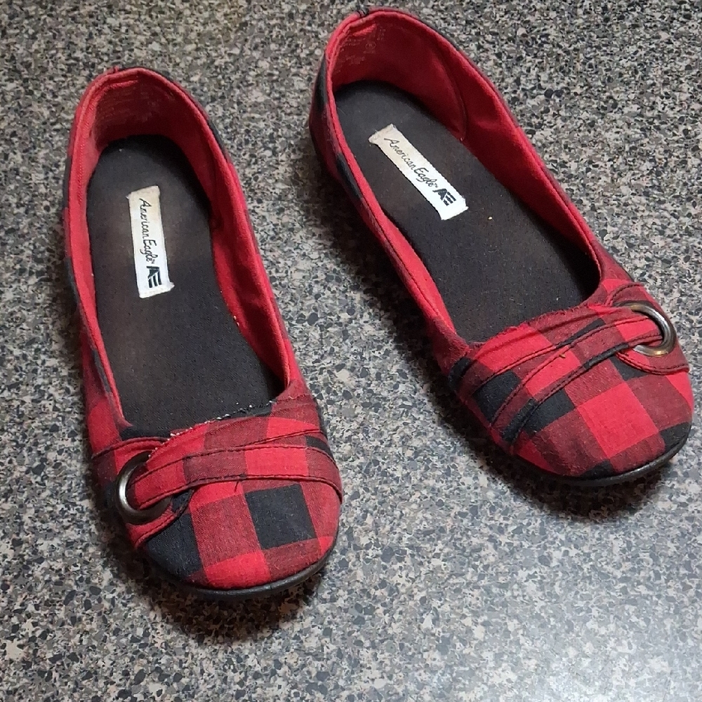 American Eagle Outfitters Red and Black Plaid Buckle Ballet Flats